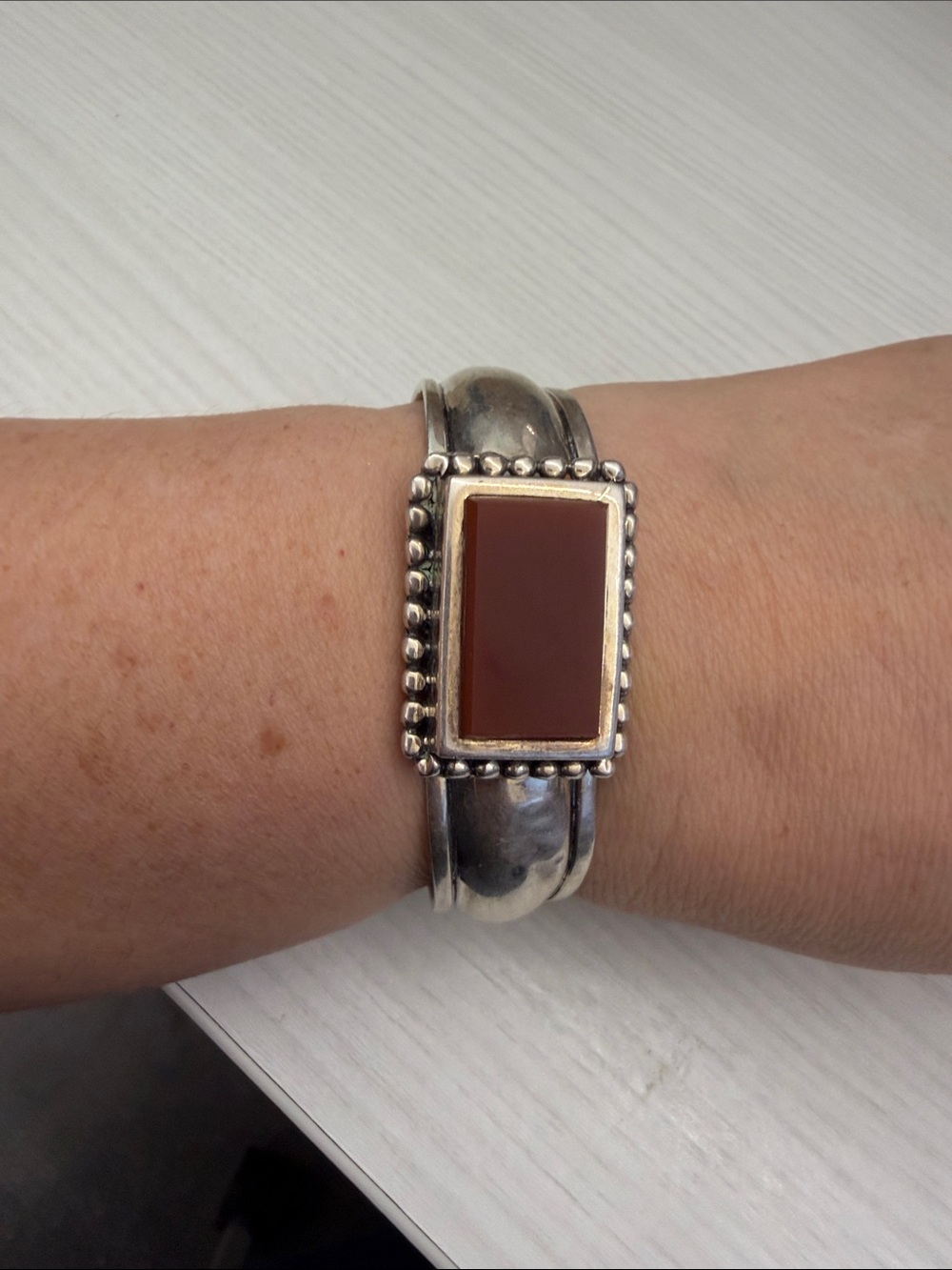 Sterling Silver Ring-Style Wearable with Rectangular Brown Stone